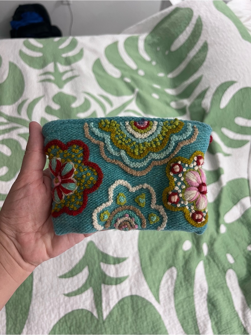 Jenny Krauss 100% Wool Hand-Embroidered Teal Floral Wristlet Pouch